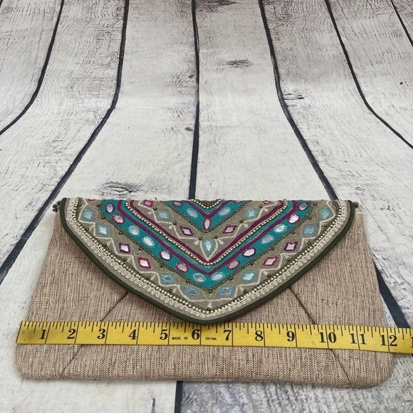 Chico's Jerri Clutch Embellished Embroidered Chain Bag Turquoise Tan‎ New - Picture 3 of 11